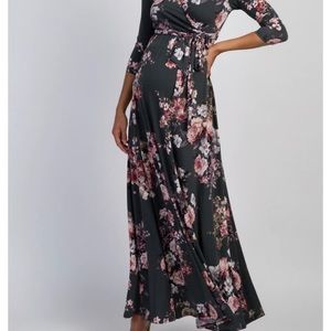 PinkBlush Olive Rose Print Sash Tie Maternity Maxi Dress (worn only twice)